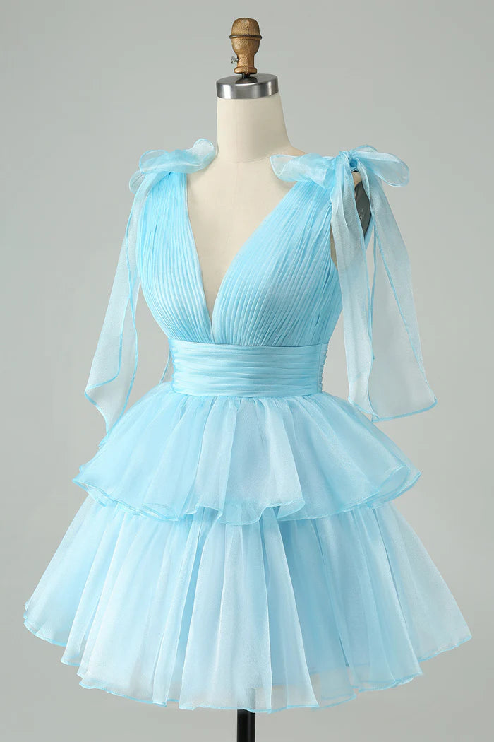 Weitese Dress Sky Blue A Line V Neck Pleated Tiered Short Homecoming Dress Sleeveless V Back Party Dress