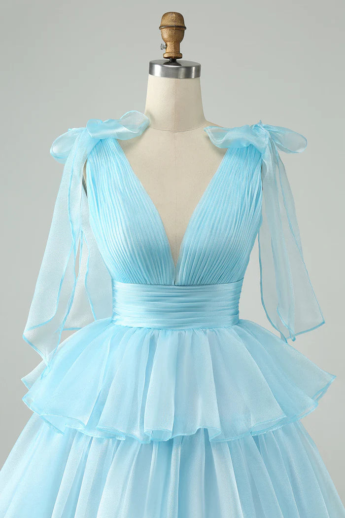 Weitese Dress Sky Blue A Line V Neck Pleated Tiered Short Homecoming Dress Sleeveless V Back Party Dress