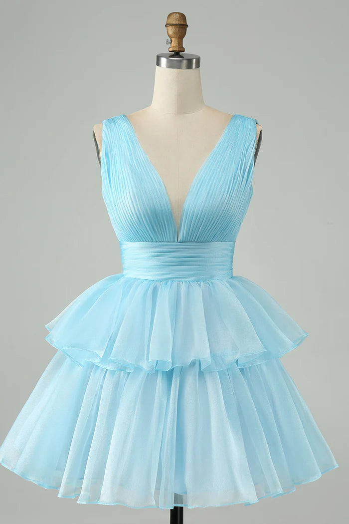 Weitese Dress Sky Blue A Line V Neck Pleated Tiered Short Homecoming Dress Sleeveless V Back Party Dress