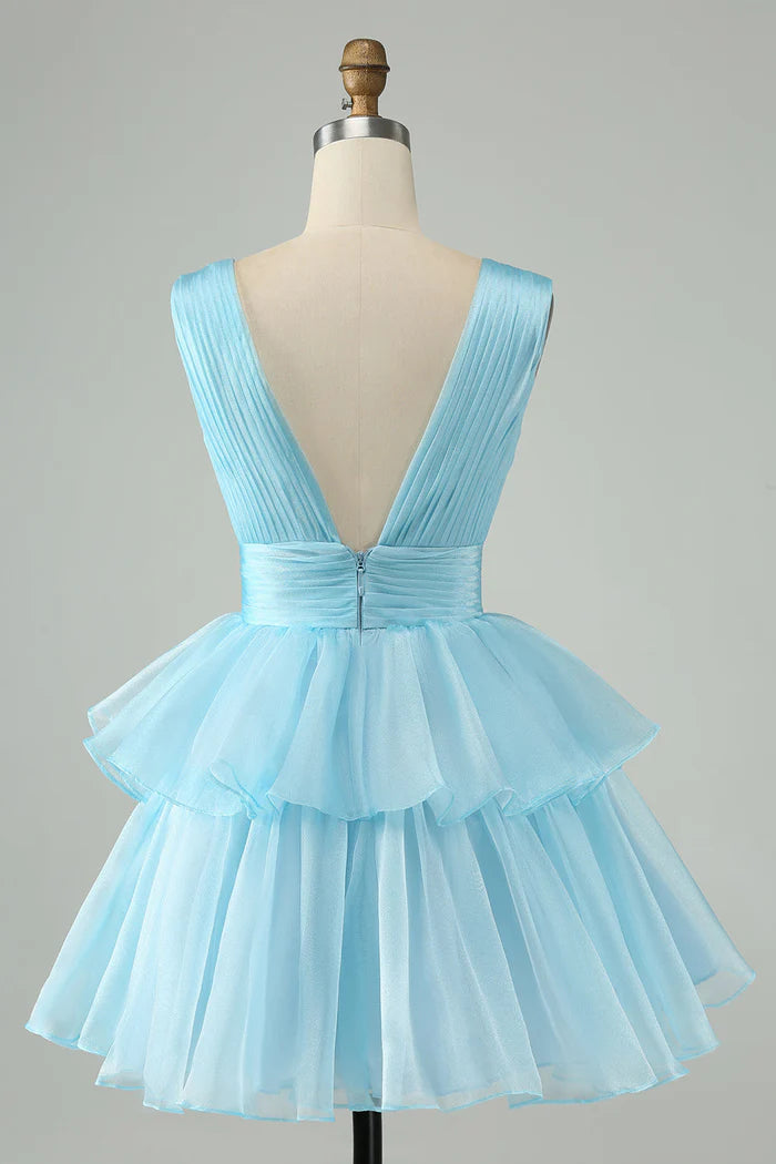 Weitese Dress Sky Blue A Line V Neck Pleated Tiered Short Homecoming Dress Sleeveless V Back Party Dress
