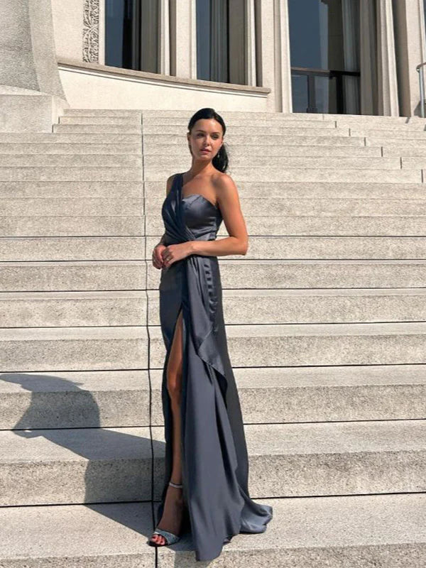 Weitese Dress Soft One-shoulder Sleeveless Mermaid Satin Long Prom Dresses Party Dress