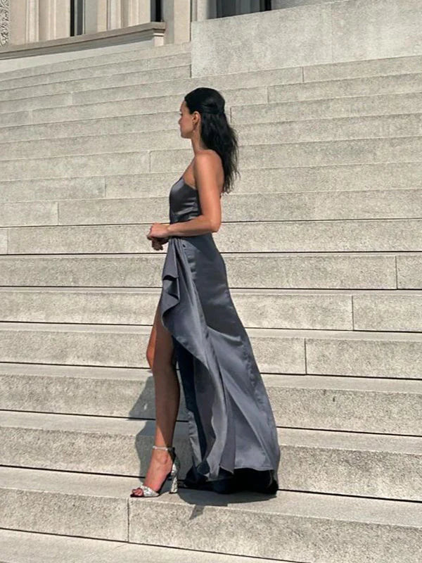 Weitese Dress Soft One-shoulder Sleeveless Mermaid Satin Long Prom Dresses Party Dress