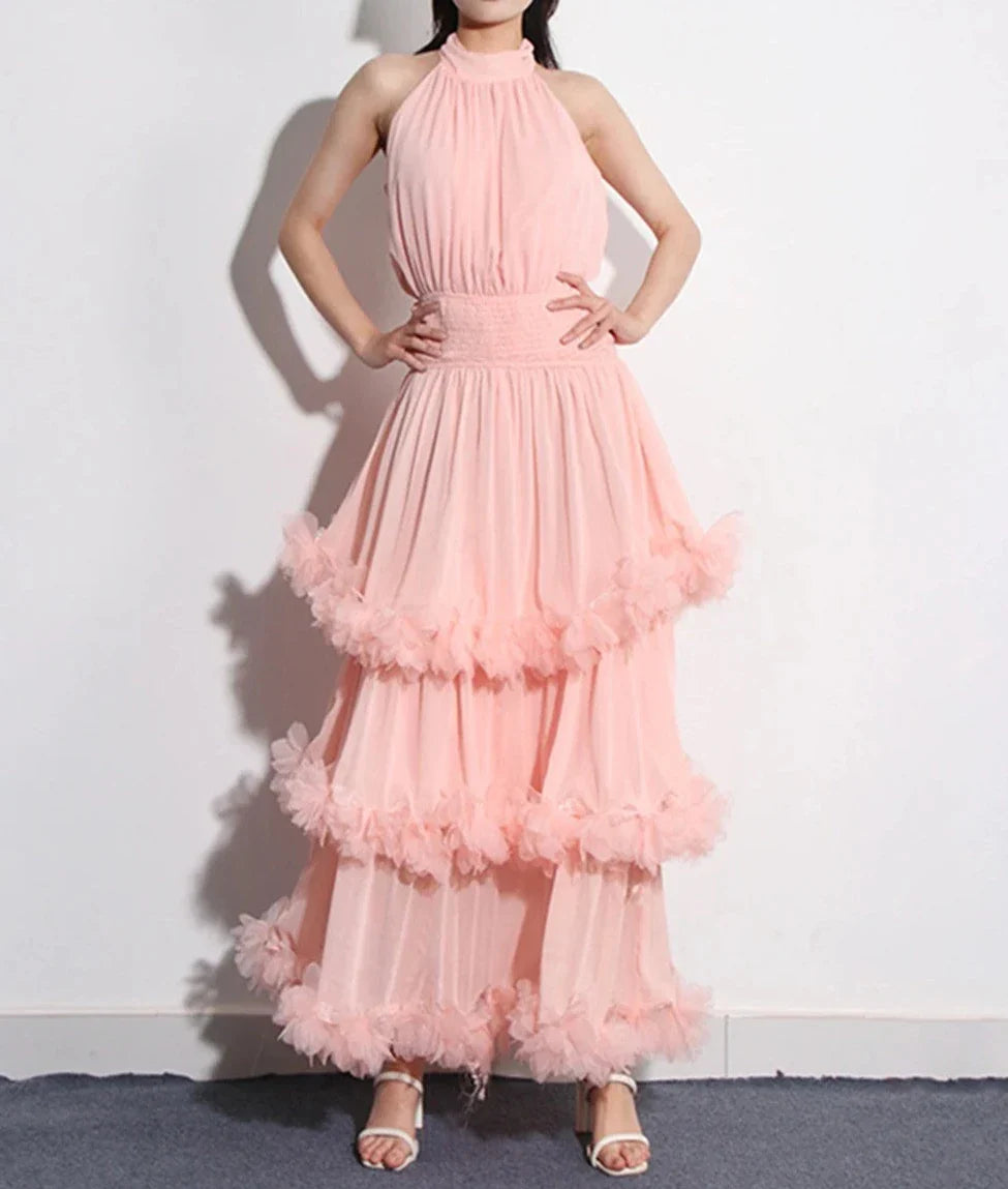 Weitese Dress Solid Patchwork Lace Up High Waist Long Dress Party Dress Elegant Sleeveless A-line Prom Dress