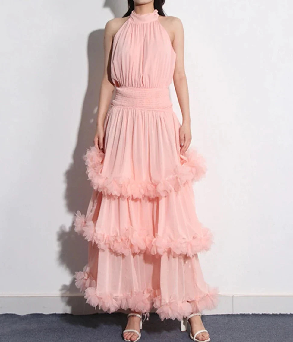 Weitese Dress Solid Patchwork Lace Up High Waist Long Dress Party Dress Elegant Sleeveless A-line Prom Dress