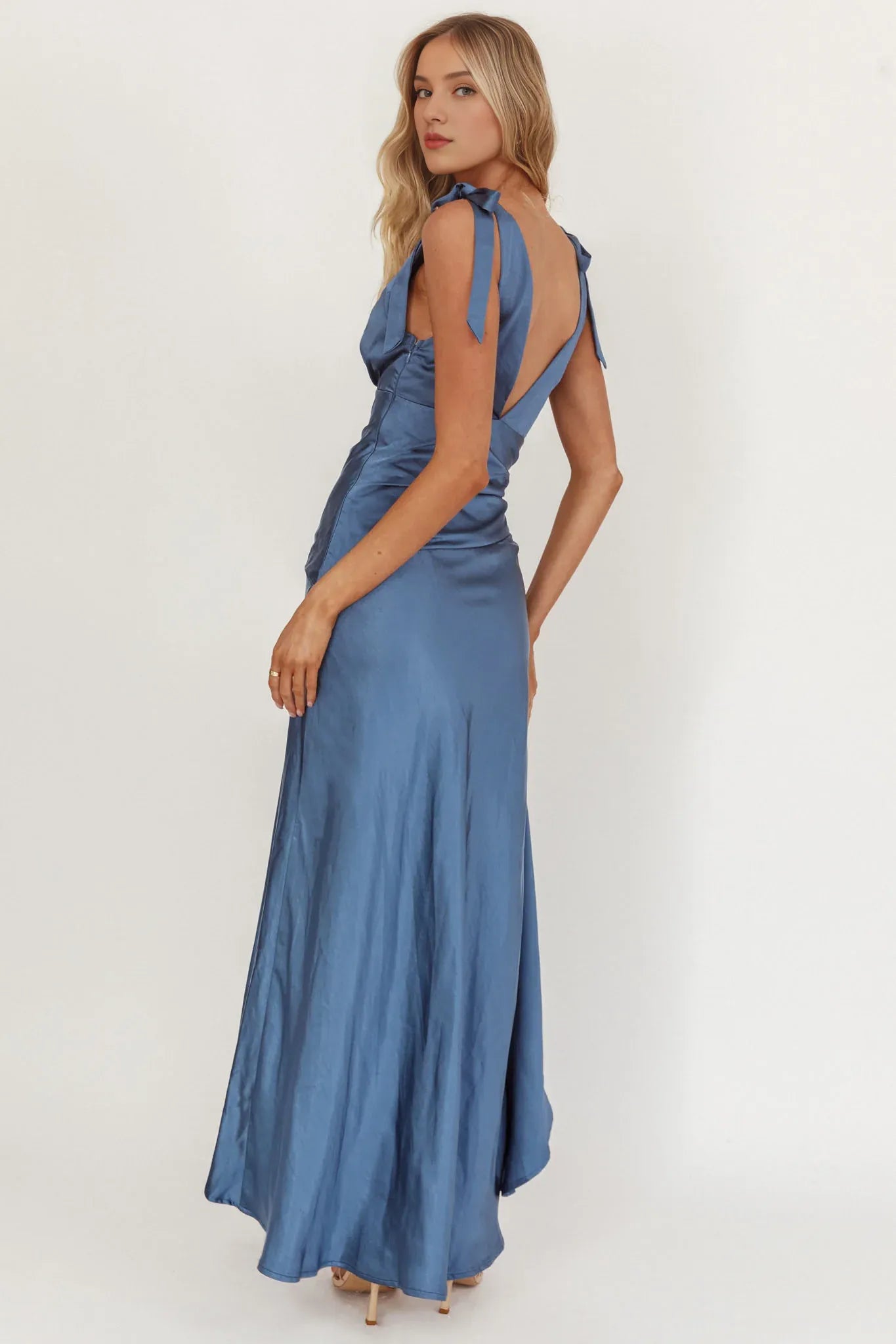 Weitese Dress Sophisticated Navy Blue Satin Maxi Dress Featuring Plunging V Neck Bow Detailed Straps and Asymmetric Cut Prom Dress