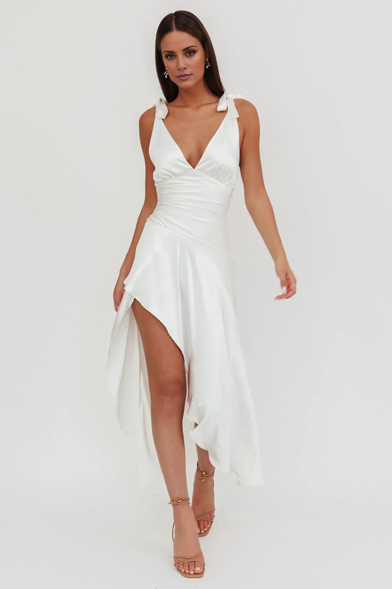 Weitese Dress Sophisticated Navy Blue Satin Maxi Dress Featuring Plunging V Neck Bow Detailed Straps and Asymmetric Cut Prom Dress