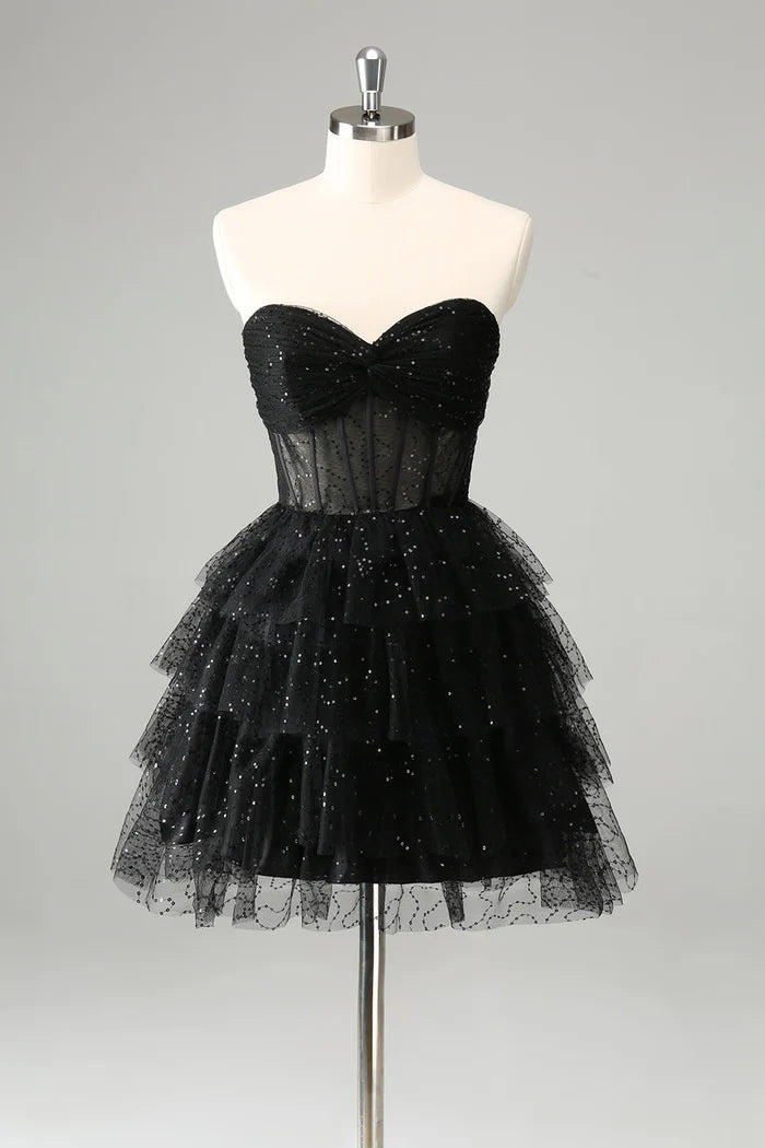 Vestido Weitese brillante y bonito, corte A, negro, escote en forma de corazón, corsé escalonado, vestido corto para fiesta de bienvenida, sin mangas, con lentejuelas. 
