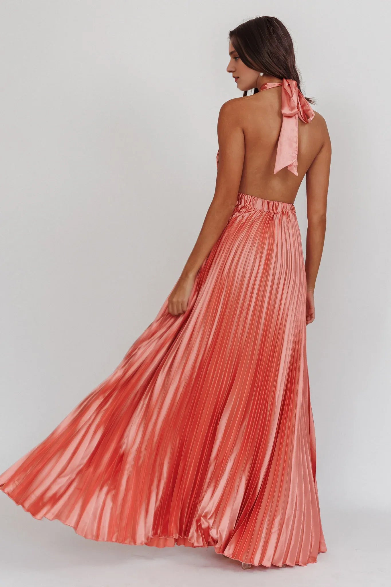 Weitese Dress Stylish Coral Pink Pleated Satin Maxi Dress Halter Neck Pleated Accent Cut Out Detail and Flowy Hem Prom Dress