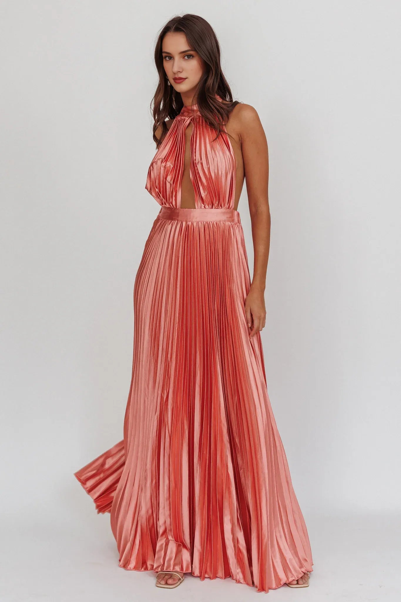 Weitese Dress Stylish Coral Pink Pleated Satin Maxi Dress Halter Neck Pleated Accent Cut Out Detail and Flowy Hem Prom Dress