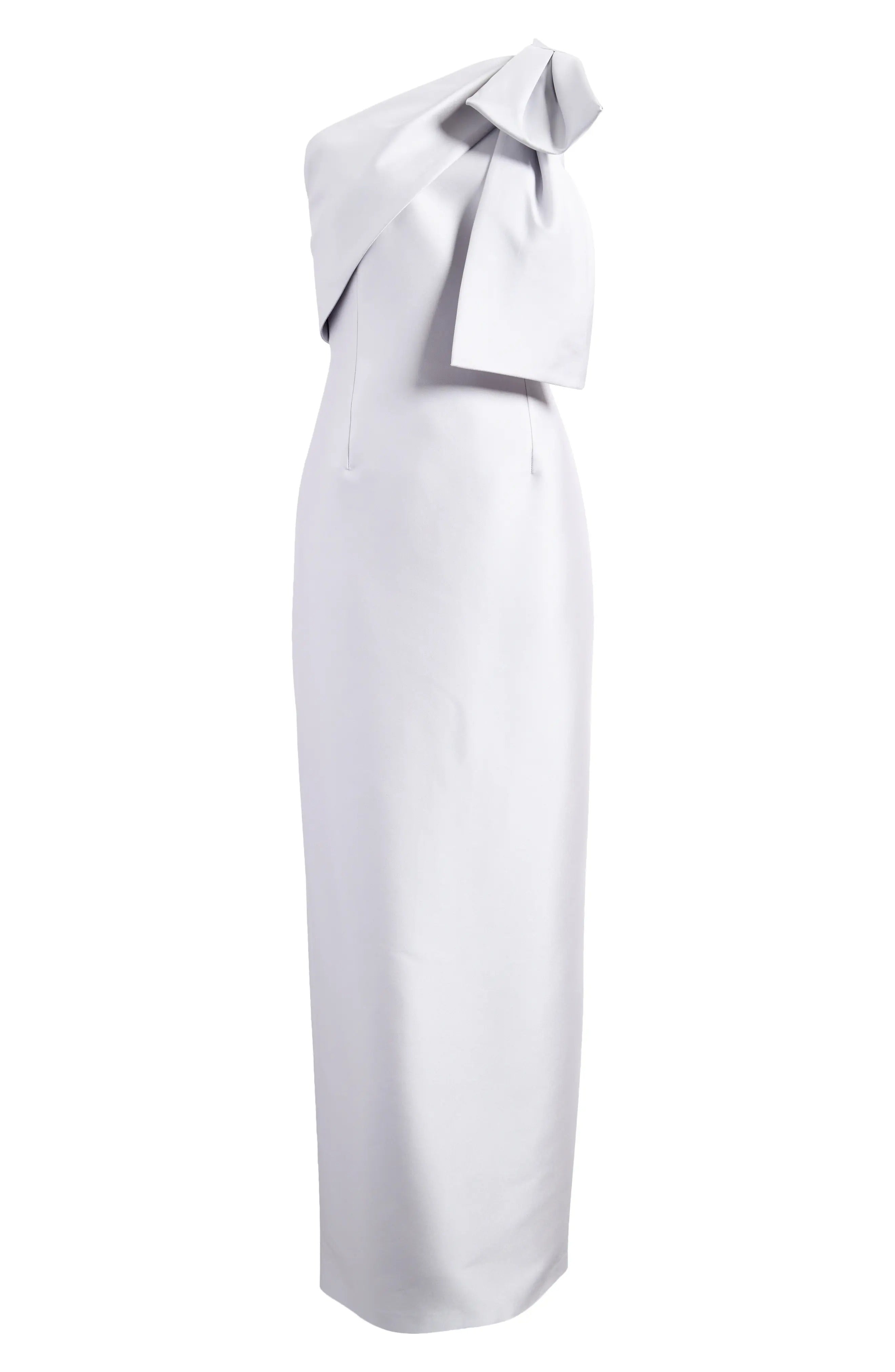 Weitese Dress Stylish Silver Satin Maxi Dress One Shoulder Neck Bow Detail Accent Bodycon Cut and Form Fitting Style Prom Dress