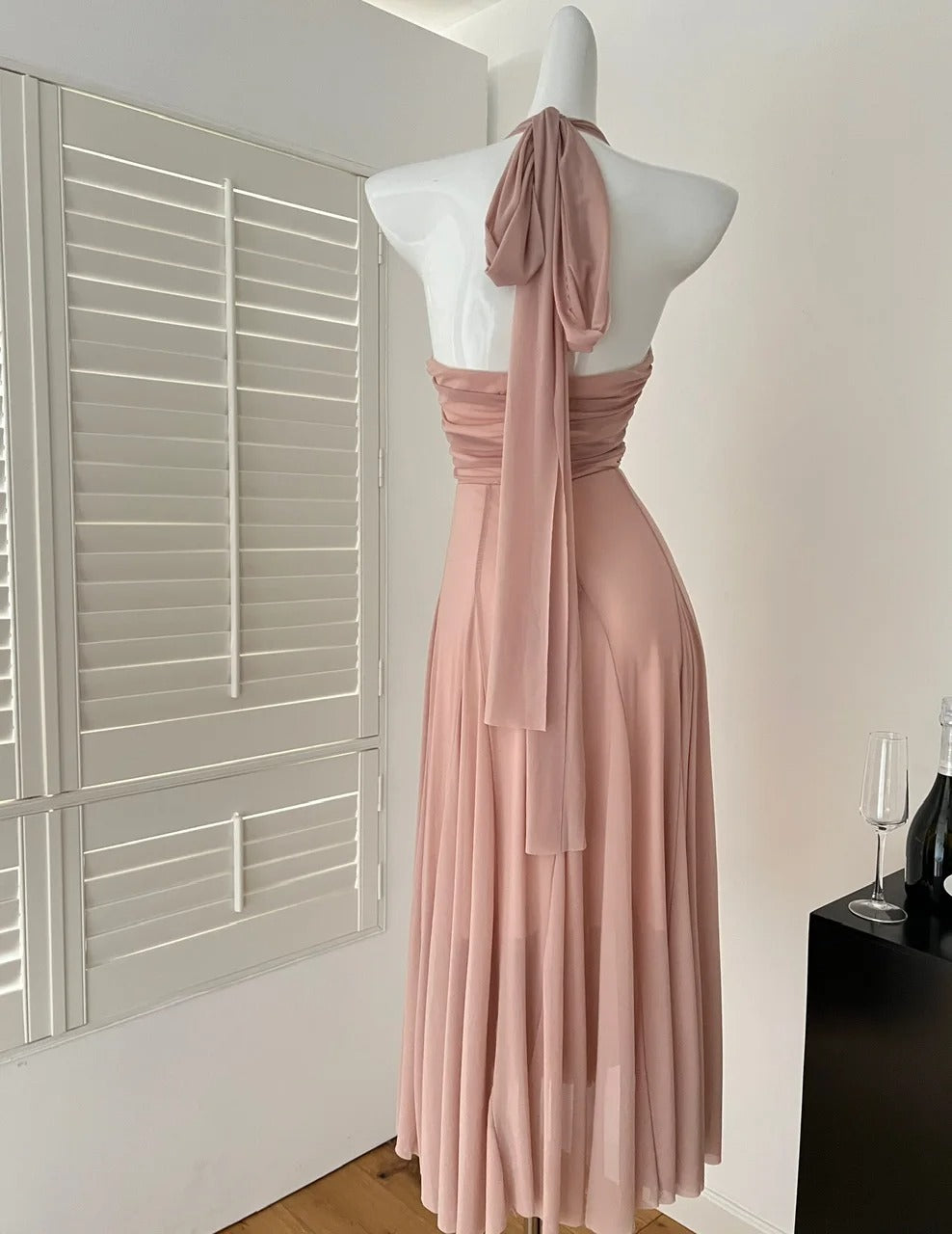 Robe Weitese d'été vintage rose sexy taille haute soirée longue robe pour femmes col en V licou bandage élégant dos nu robes robe de bal 