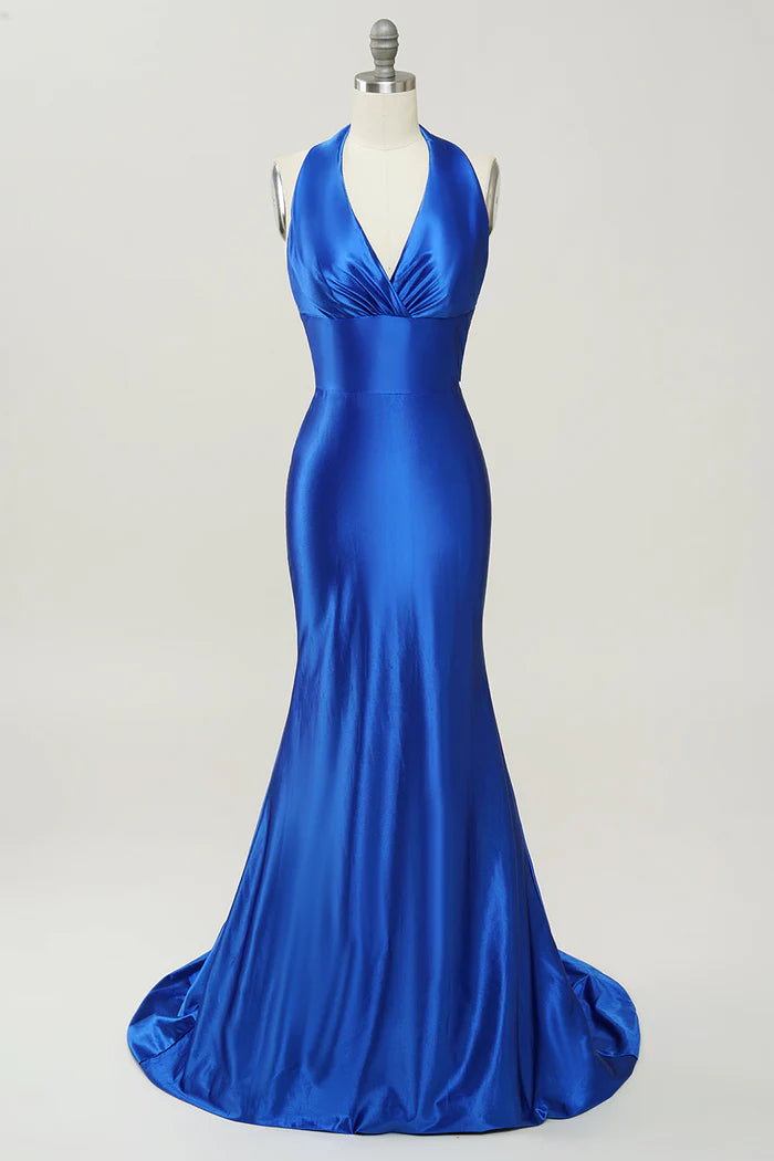 Weitese Dress Sweep/Brush Train Royal Blue Halter Lace Up Backless Party Dress Prom Dress