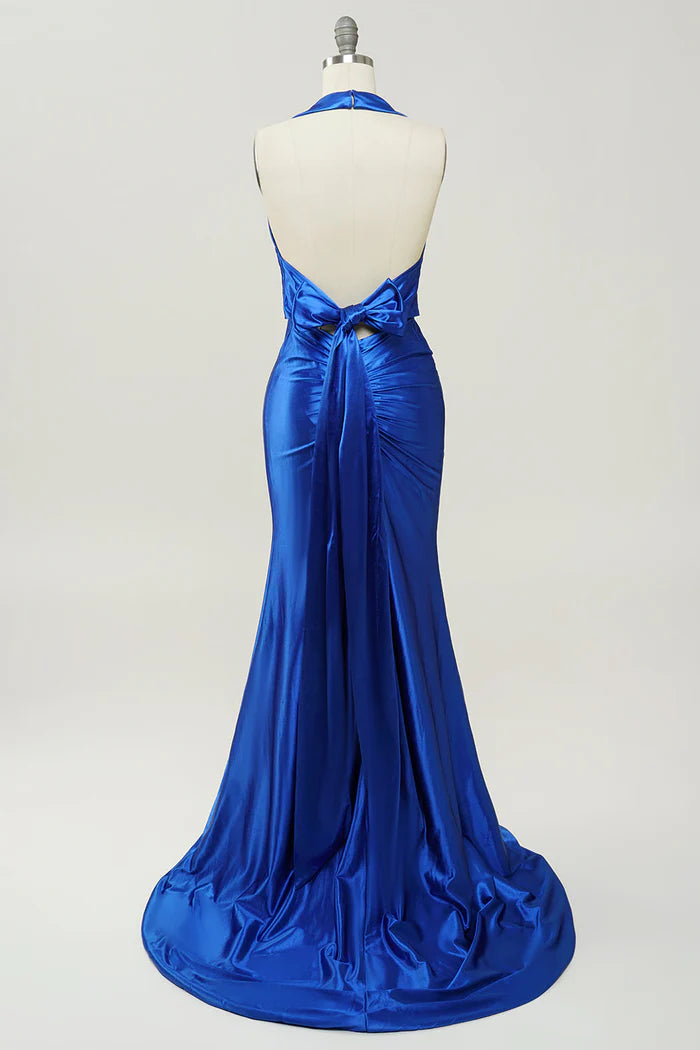 Weitese Dress Sweep/Brush Train Royal Blue Halter Lace Up Backless Party Dress Prom Dress