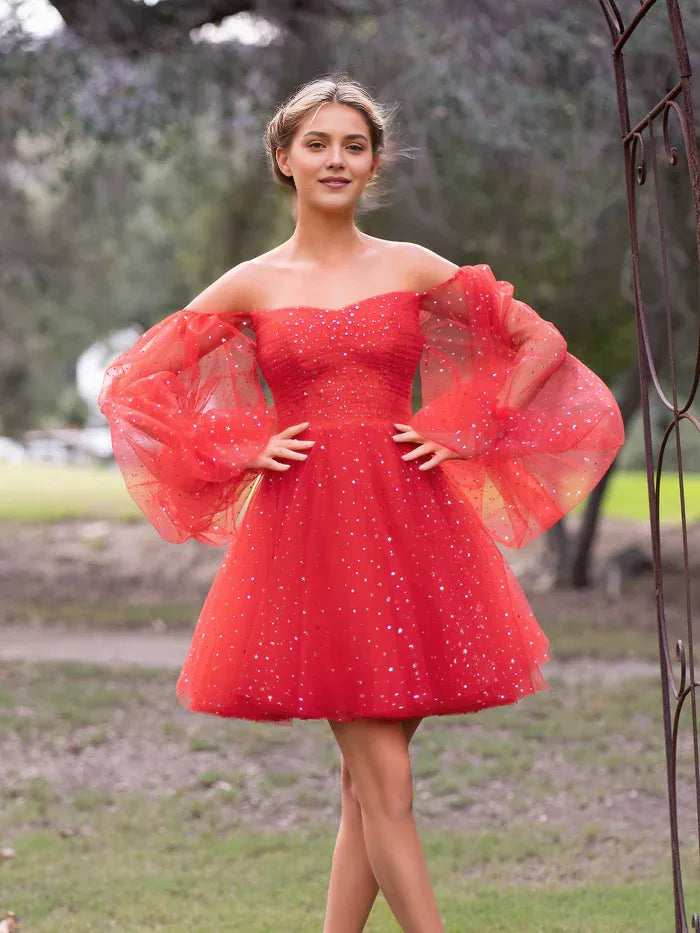 Weitese Dress Sweetheart Neck Starlit Homecoming Dress Tulle Puffy Sleeves Zipper Up Party Dress