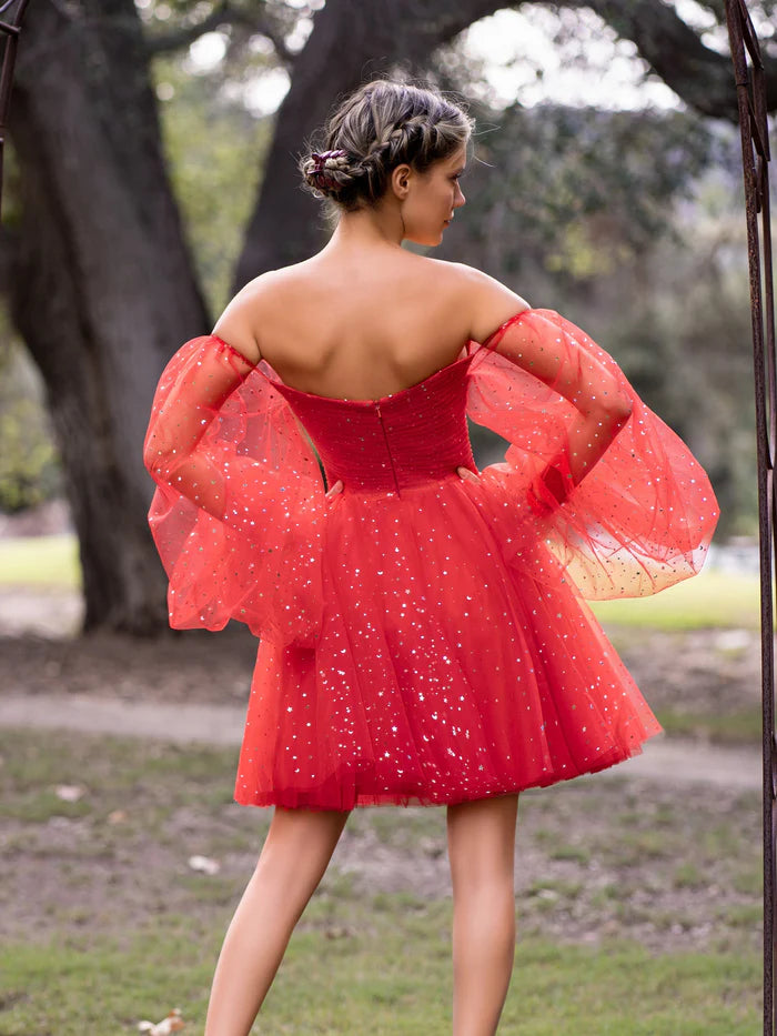 Weitese Dress Sweetheart Neck Starlit Homecoming Dress Tulle Puffy Sleeves Zipper Up Party Dress