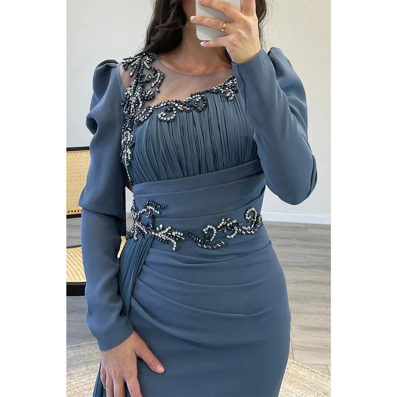 Vestido Weitese único con cuentas redondas, corte A, de gasa, azul polvoriento, largo, para fiesta de graduación, noche, vestido de fiesta 