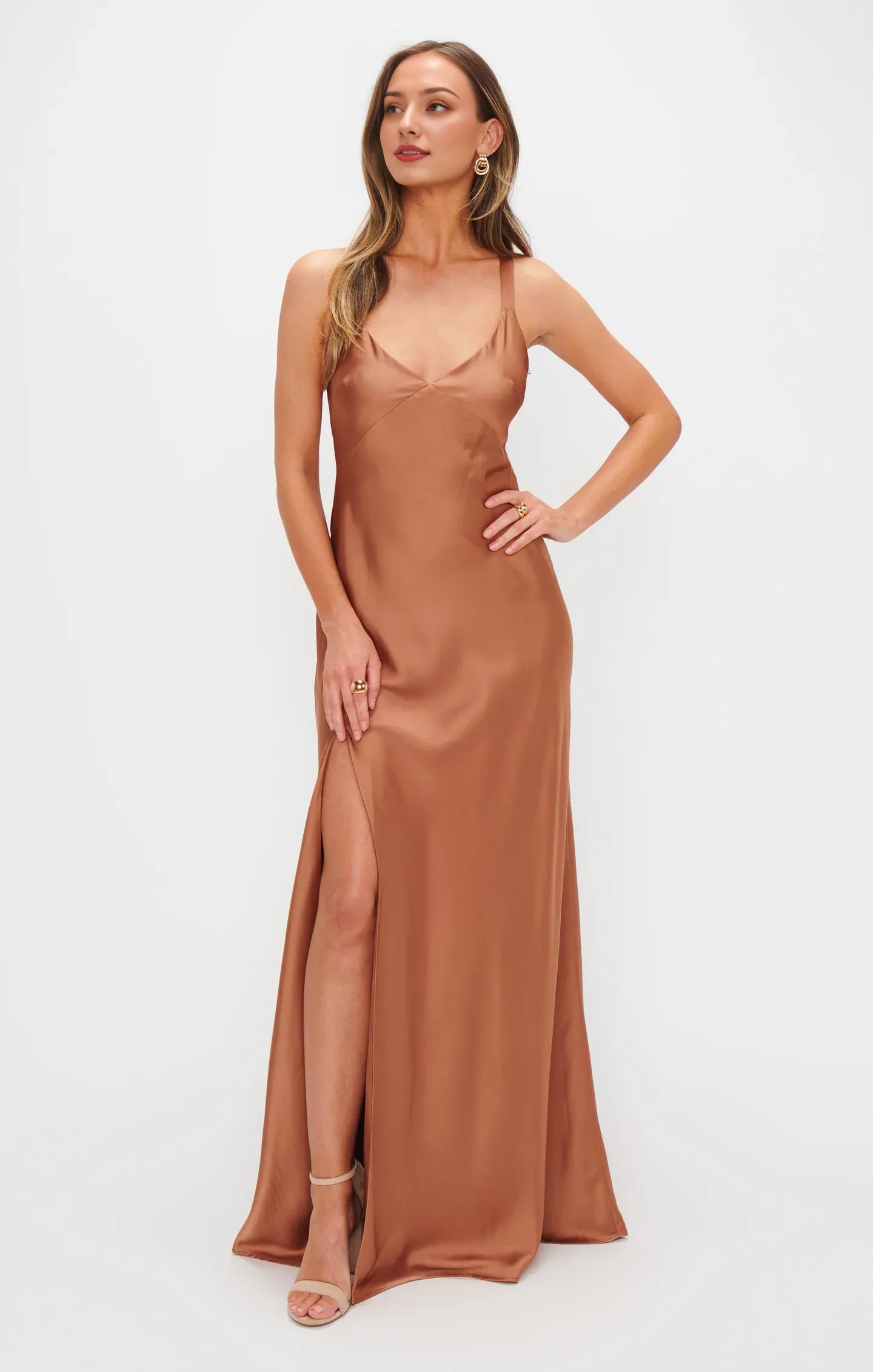Weitese Dress V Neck Sage Sleeveless Maxi Dress Column Satin Solid Color Backless Simple Prom Dress With Slit