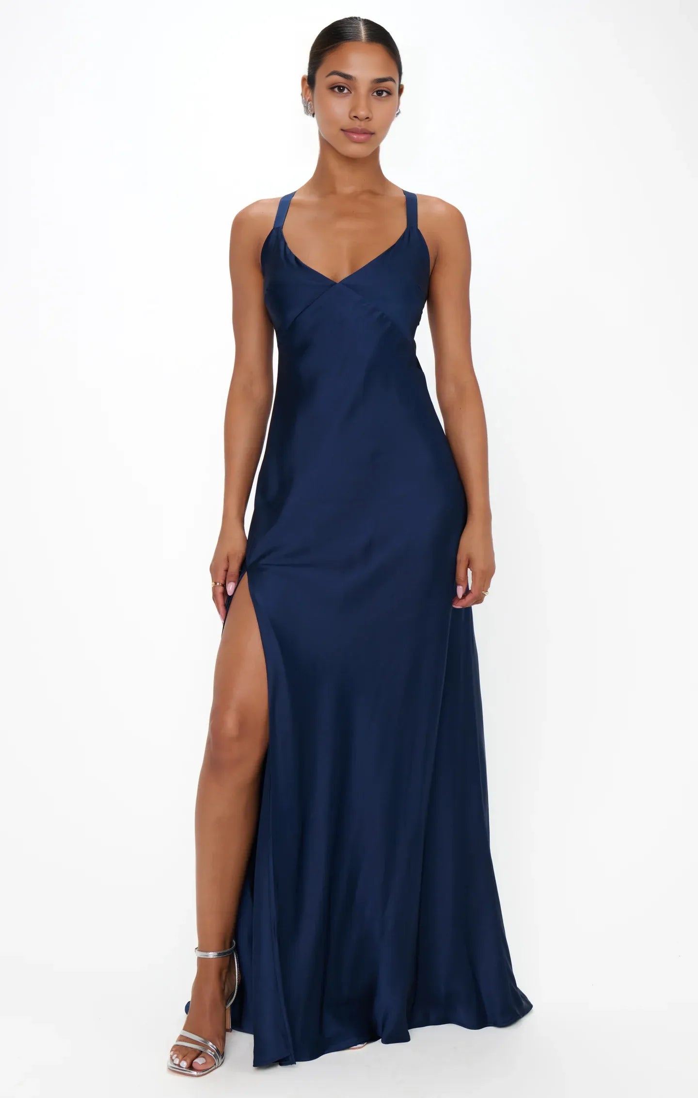 Weitese Dress V Neck Sage Sleeveless Maxi Dress Column Satin Solid Color Backless Simple Prom Dress With Slit