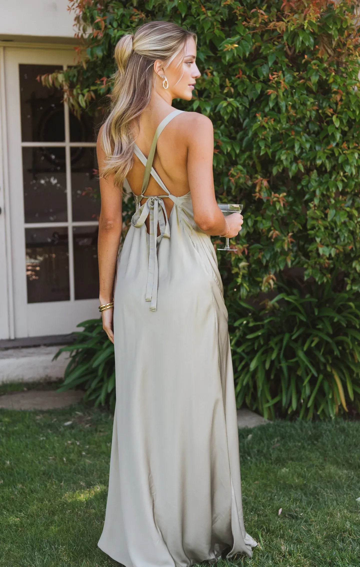 Weitese Dress V Neck Sage Sleeveless Maxi Dress Column Satin Solid Color Backless Simple Prom Dress With Slit