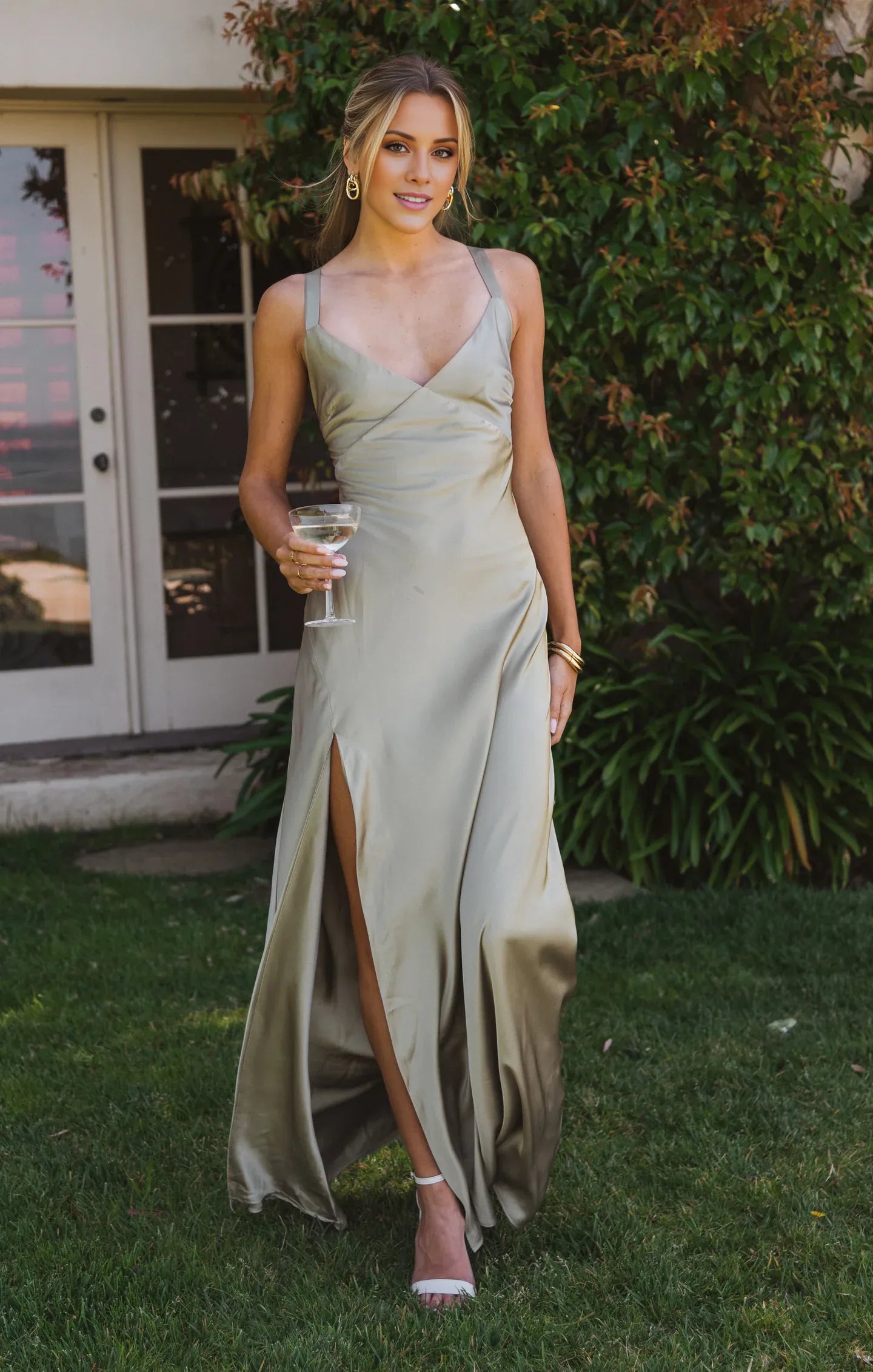 Weitese Dress V Neck Sage Sleeveless Maxi Dress Column Satin Solid Color Backless Simple Prom Dress With Slit