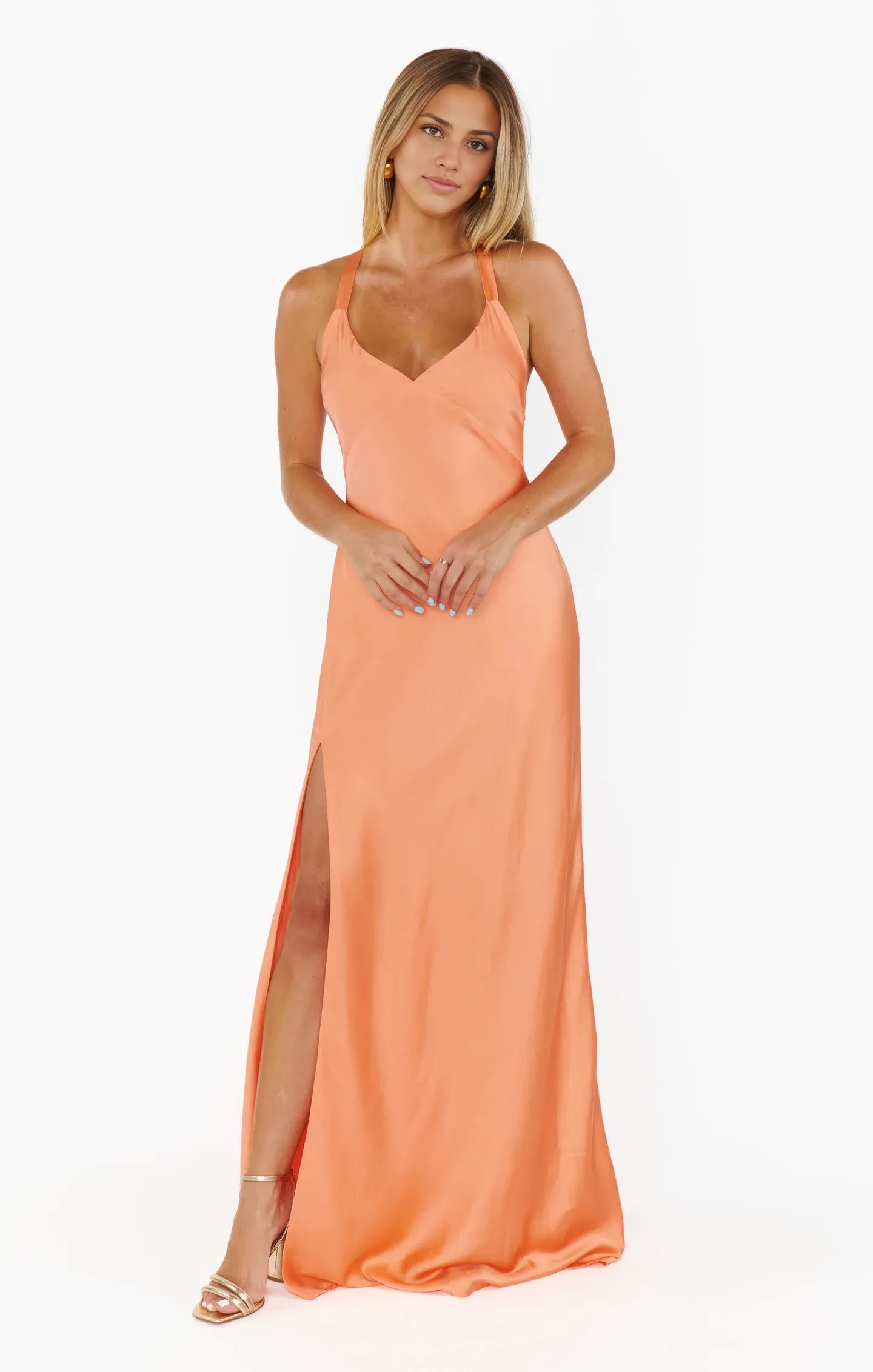 Weitese Dress V Neck Sage Sleeveless Maxi Dress Column Satin Solid Color Backless Simple Prom Dress With Slit