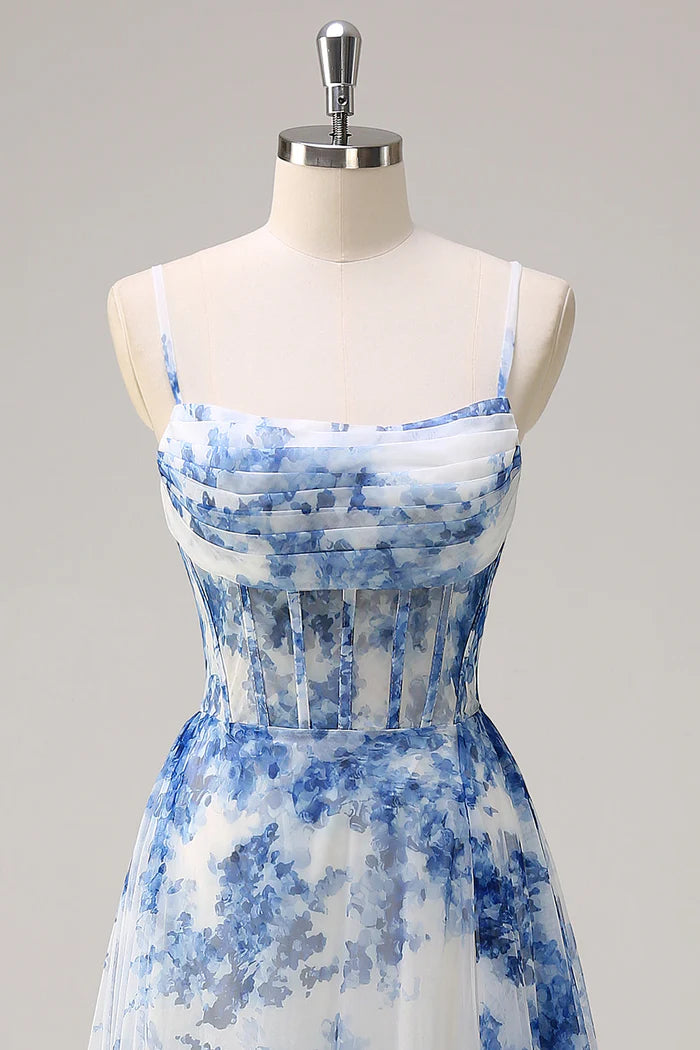 Vestido Weitese con flores blancas y azules, tirantes finos, corsé fruncido, vestido de fiesta, vestido largo sin mangas con abertura, vestido de graduación 