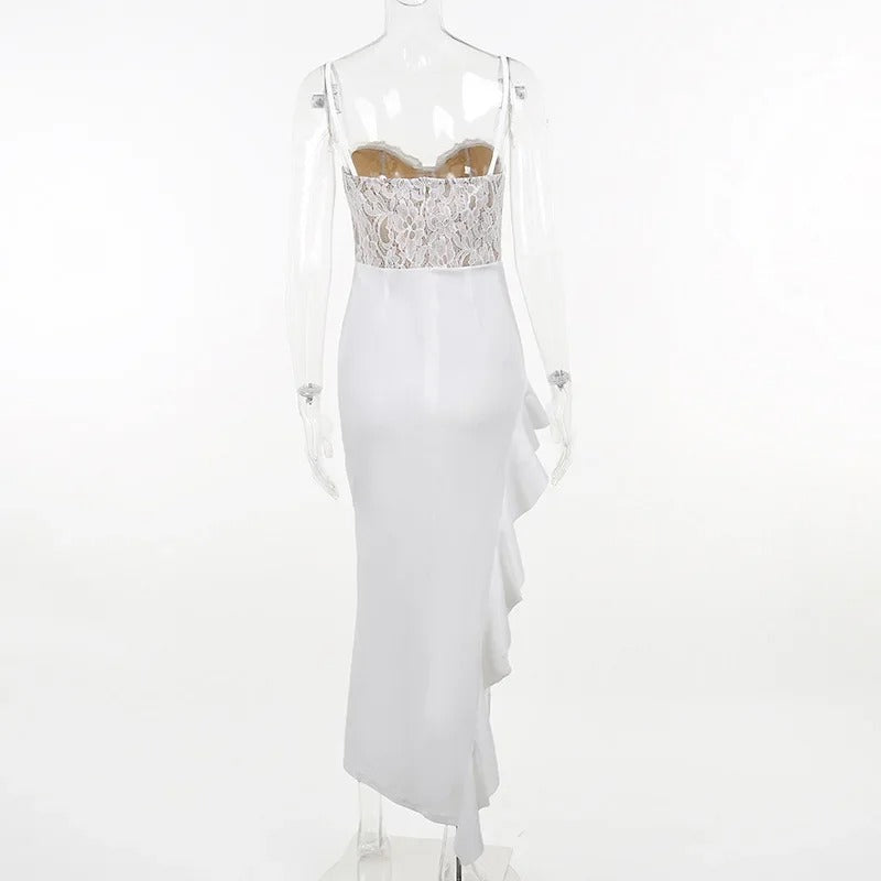 Robe de soirée blanche Weitese, sexy et élégante, en dentelle, patchwork, volants, fente haute, robe longue pour femme, robe de bal 