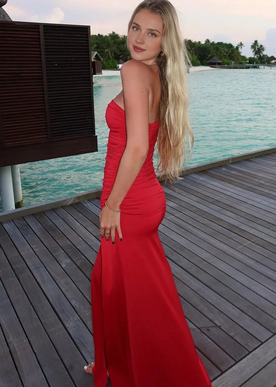 Weitese Dress Women's Sexy Sleeveless High Slit Bodycon Maxi Dress Strapless Mermaid Long Red Prom Dress