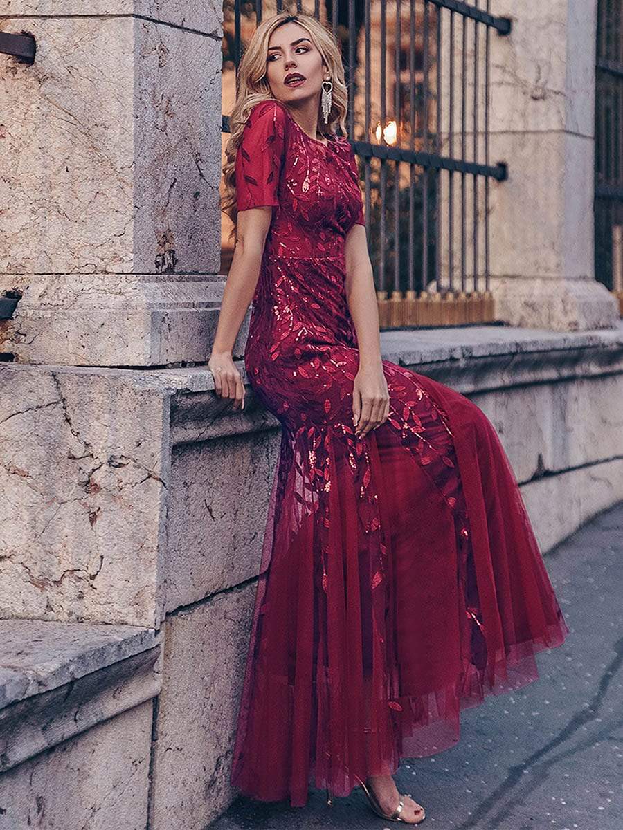 Weitese Floral Sequin Print Maxi Long Fishtail Formal Dresses With Half Sleeve