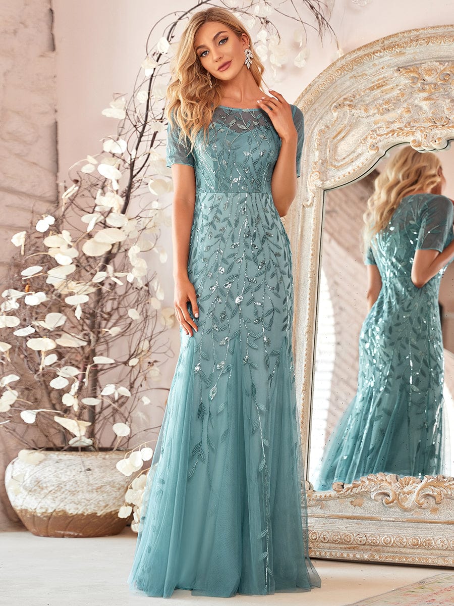 Weitese Floral Sequin Print Maxi Long Fishtail Formal Dresses With Half Sleeve