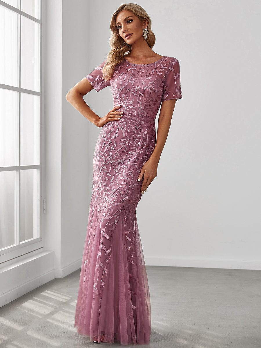 Weitese Floral Sequin Print Maxi Long Fishtail Formal Dresses With Half Sleeve
