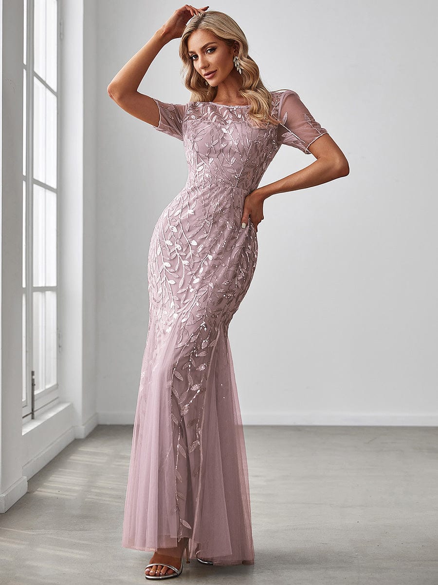 Weitese Floral Sequin Print Maxi Long Fishtail Formal Dresses With Half Sleeve