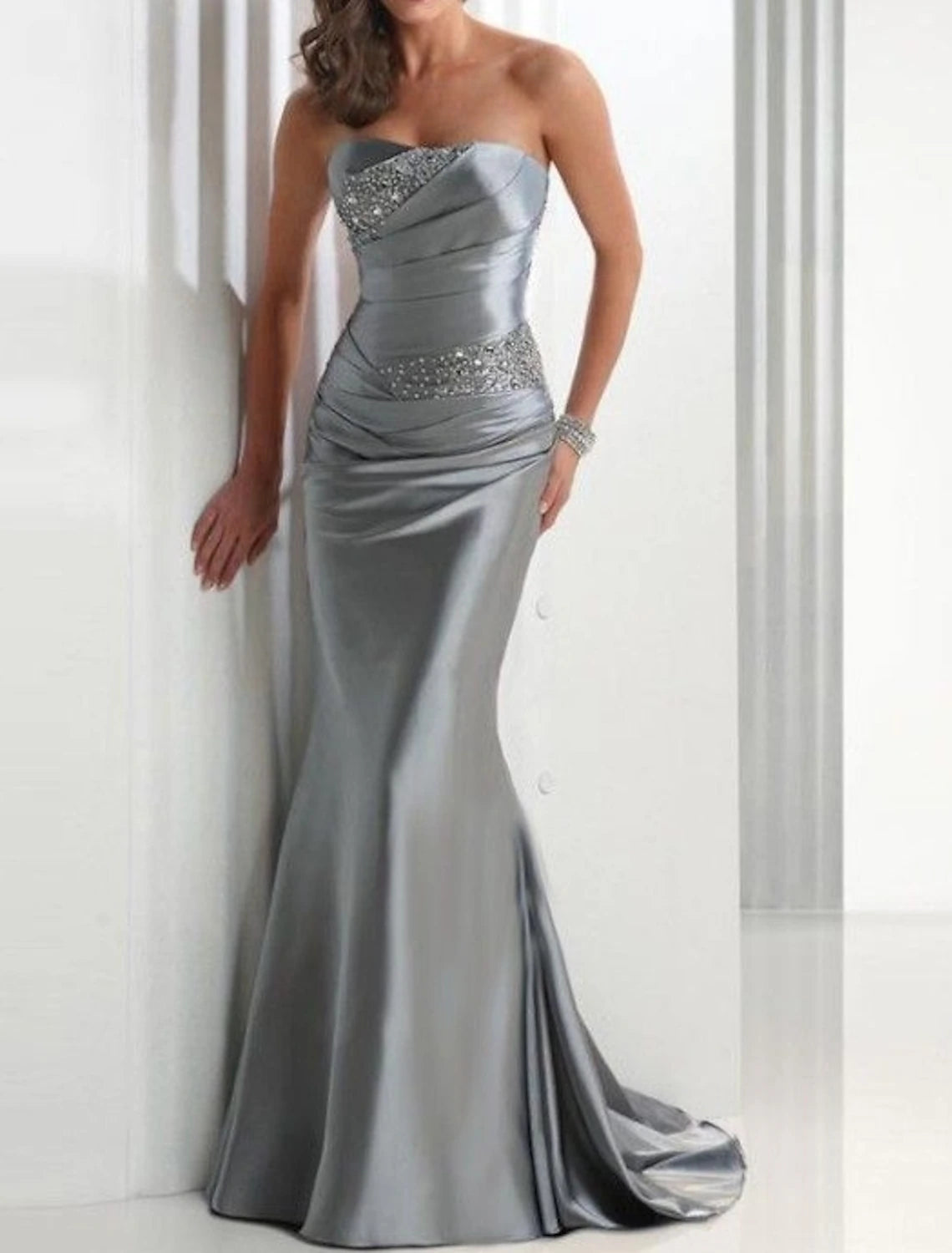 Weitese Mermaid Dress Elegant Red Green Wedding Guest Formal Evening Dress Strapless Sleeveless Sweep / Brush Train Satin with Crystals