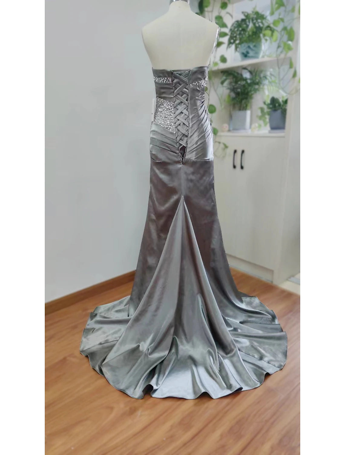 Weitese Mermaid Dress Elegant Red Green Wedding Guest Formal Evening Dress Strapless Sleeveless Sweep / Brush Train Satin with Crystals