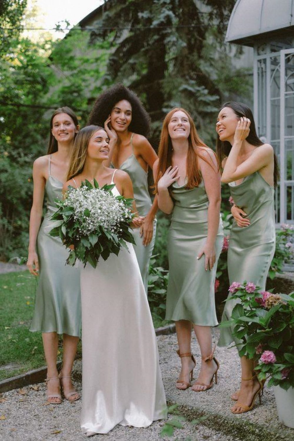 Weitese Simple Sheath Cowl Neck Spaghetti Straps Green Tea Length Bridesmaid Dress