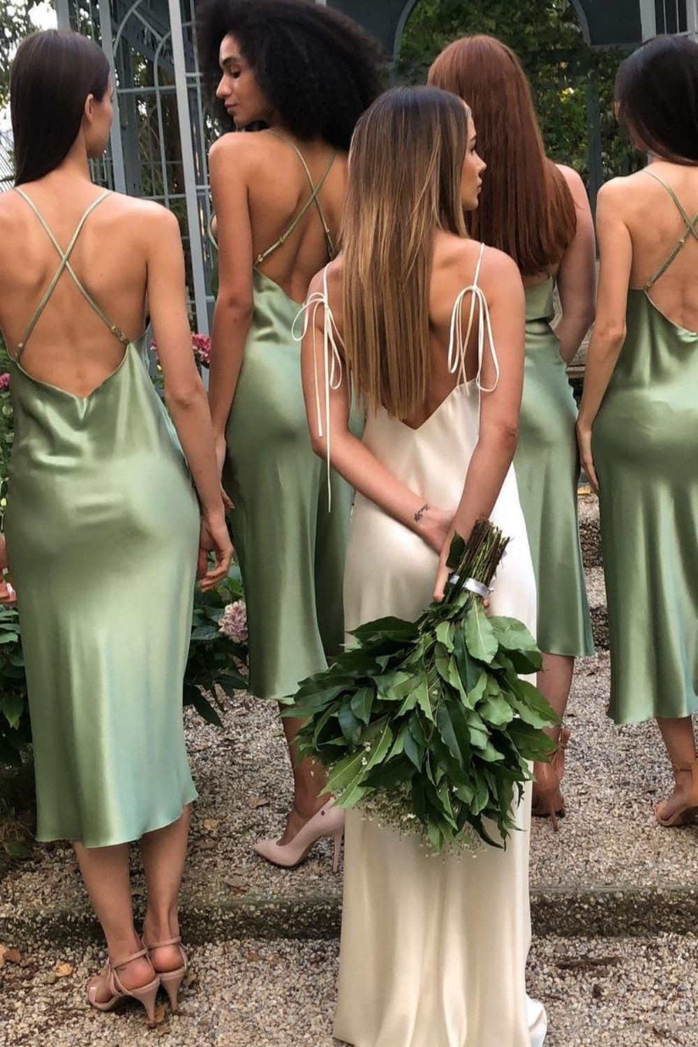 Weitese Simple Sheath Cowl Neck Spaghetti Straps Green Tea Length Bridesmaid Dress