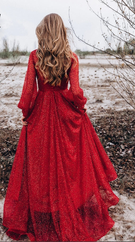 Weitese V Neck Red Wedding Dress With Sequins Beads Bridal Gown Prom Dress Long Sleeves Mermaid