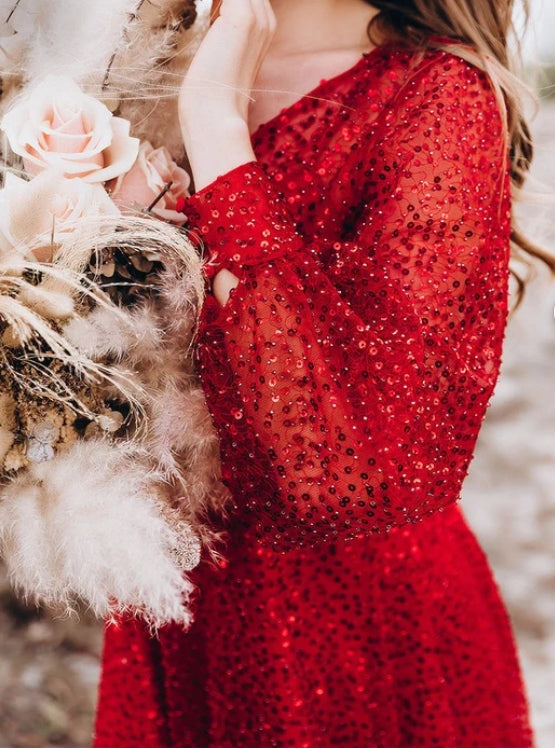 Weitese V Neck Red Wedding Dress With Sequins Beads Bridal Gown Prom Dress Long Sleeves Mermaid