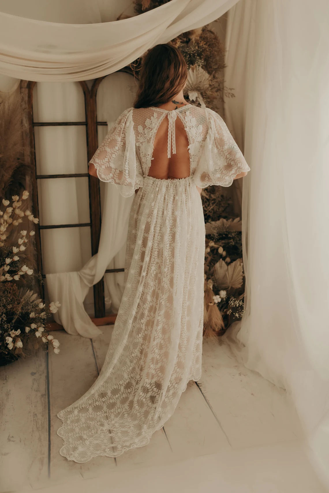 Weitese Wedding Dress Lace Wedding Elopement Dress Flutter Sleeve Floor Lengthround Neck Backless Lace Up  Bride Dress