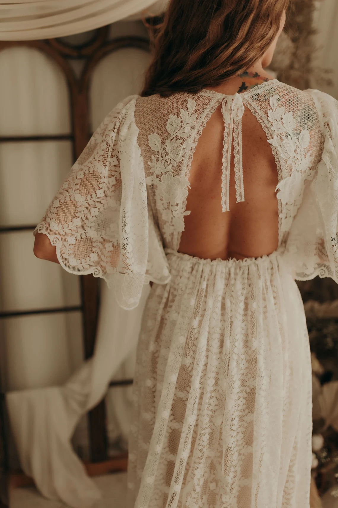 Weitese Wedding Dress Lace Wedding Elopement Dress Flutter Sleeve Floor Lengthround Neck Backless Lace Up  Bride Dress