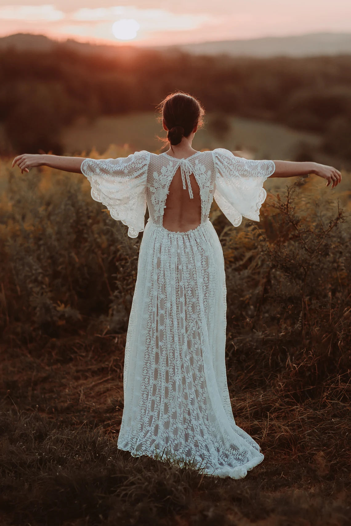 Weitese Wedding Dress Lace Wedding Elopement Dress Flutter Sleeve Floor Lengthround Neck Backless Lace Up  Bride Dress