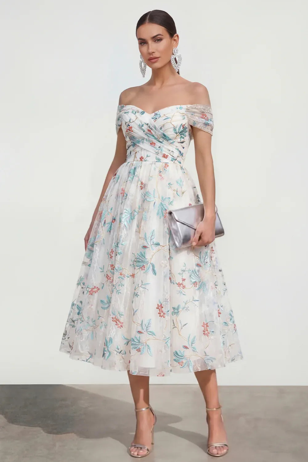 Whimsical A-Line Off Shoulder Short Sleeve Floral Tulle Midi Cocktail Dress