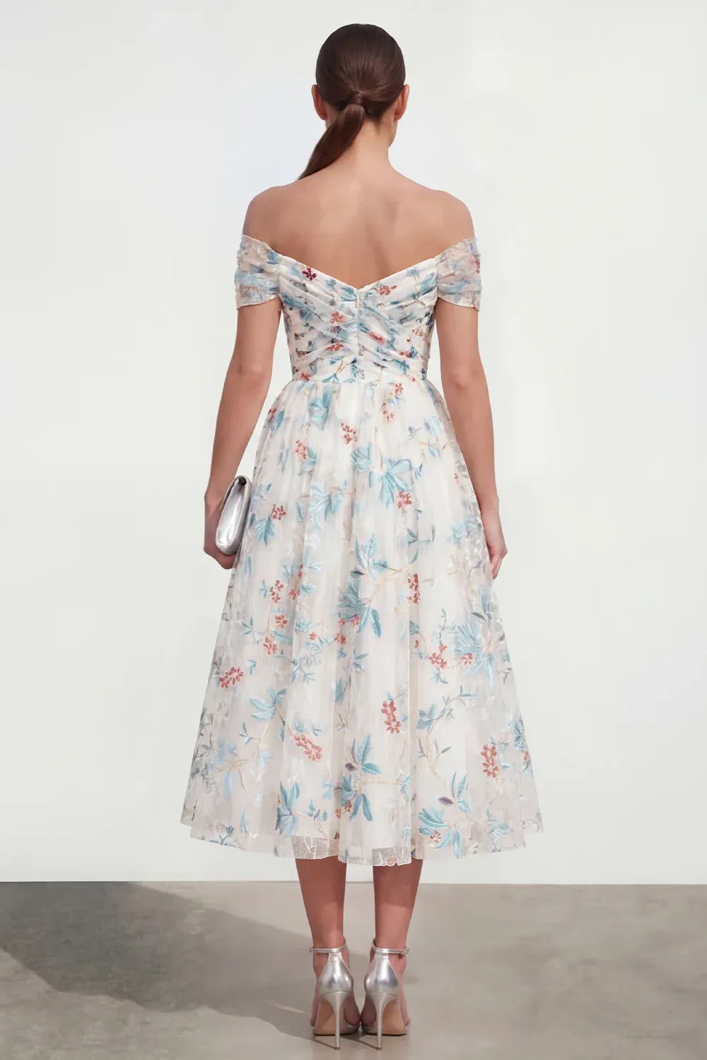 Whimsical A-Line Off Shoulder Short Sleeve Floral Tulle Midi Cocktail Dress