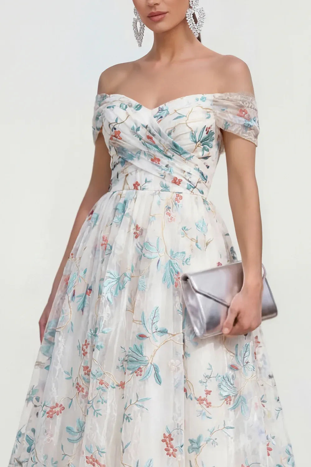 Whimsical A-Line Off Shoulder Short Sleeve Floral Tulle Midi Cocktail Dress