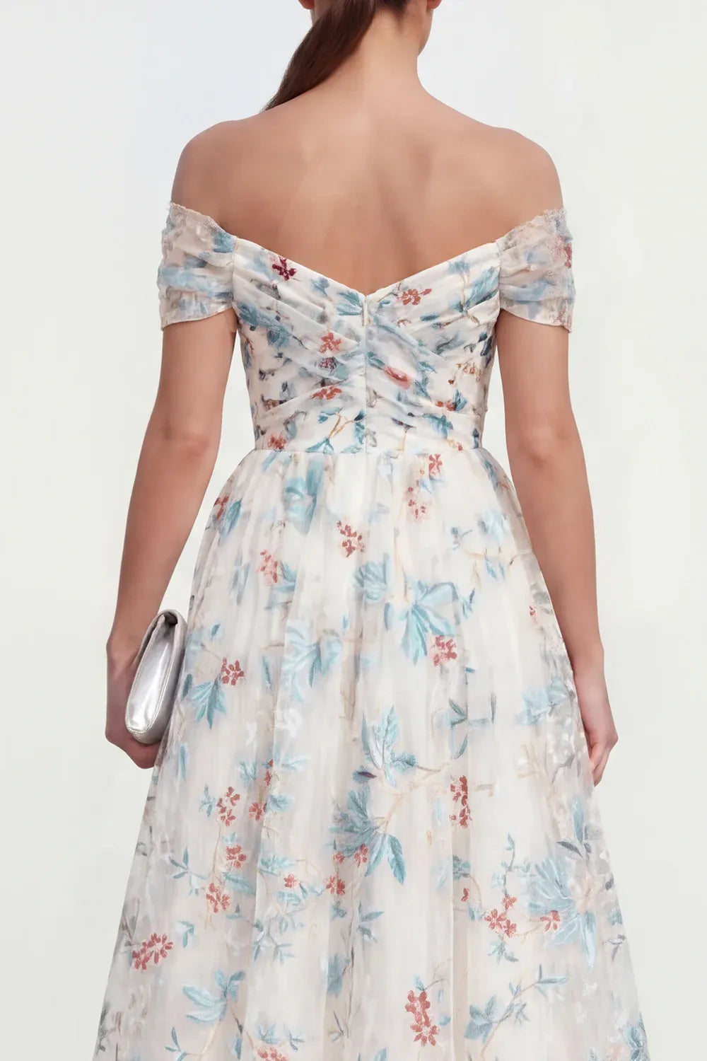 Whimsical A-Line Off Shoulder Short Sleeve Floral Tulle Midi Cocktail Dress