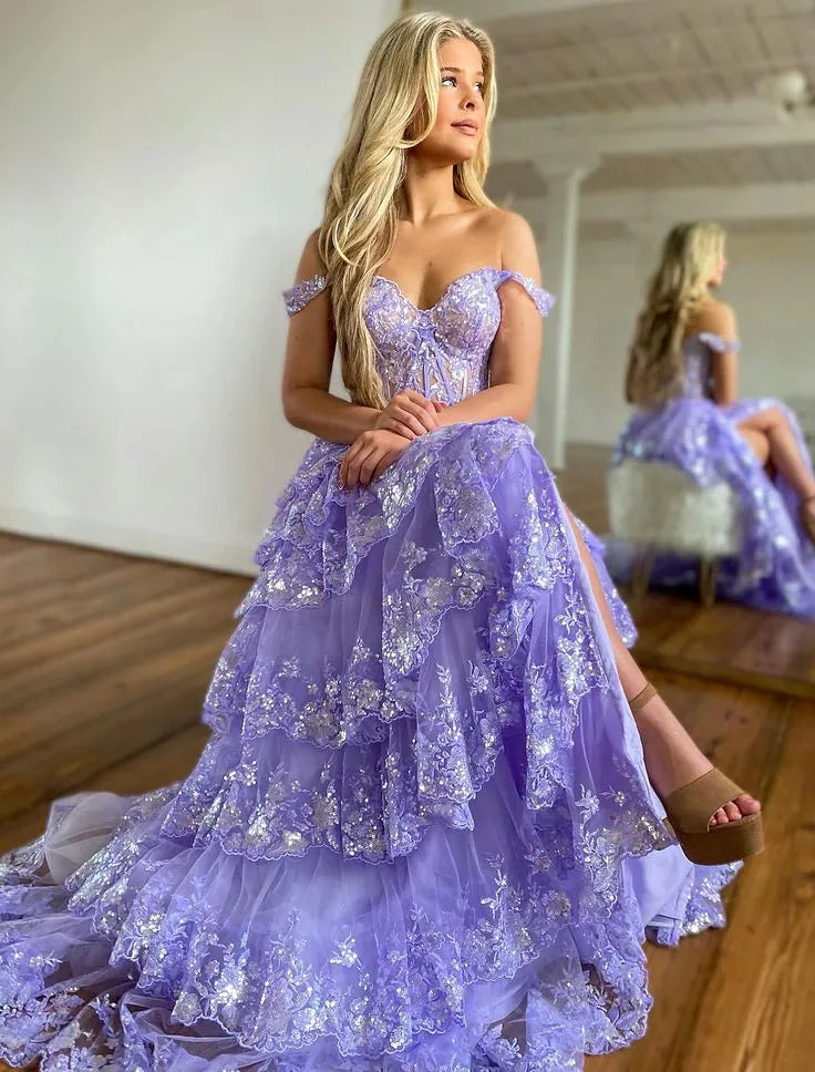 Whimsical A-Line Off-the-Shoulder Sweetheart Lace-Up Corset Tiered Sequin Tulle Floor-Length Evening Gown