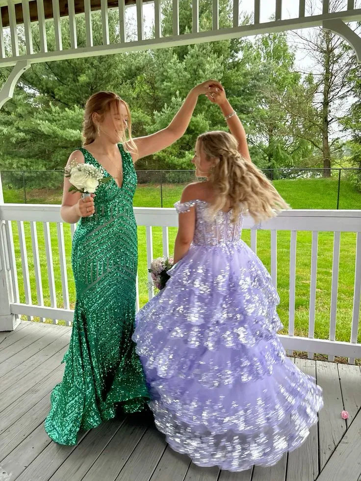 Whimsical A-Line Off-the-Shoulder Sweetheart Lace-Up Corset Tiered Sequin Tulle Floor-Length Evening Gown
