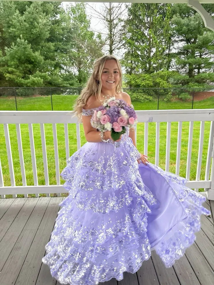 Whimsical A-Line Off-the-Shoulder Sweetheart Lace-Up Corset Tiered Sequin Tulle Floor-Length Evening Gown