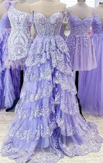Whimsical A-Line Off-the-Shoulder Sweetheart Lace-Up Corset Tiered Sequin Tulle Floor-Length Evening Gown