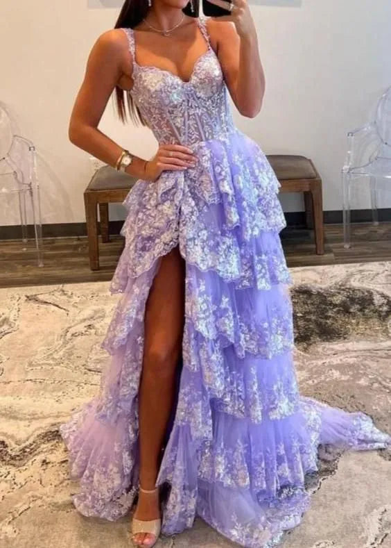 Whimsical A-Line Off-the-Shoulder Sweetheart Lace-Up Corset Tiered Sequin Tulle Floor-Length Evening Gown